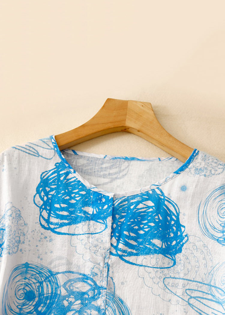 Loose Blue O Neck Print Side Open Cotton Dress Half Sleeve