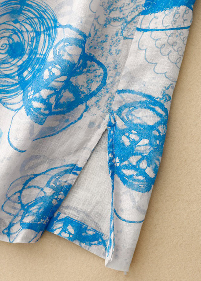 Loose Blue O Neck Print Side Open Cotton Dress Half Sleeve