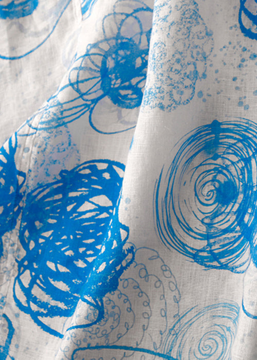 Loose Blue O Neck Print Side Open Cotton Dress Half Sleeve