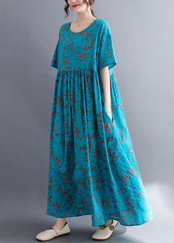 Loose Blue O Neck Print Wrinkled Cotton Dresses Summer