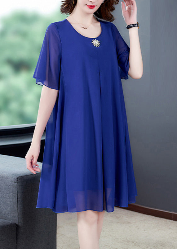 Loose Blue O Neck Solid Chiffon Dresses Summer