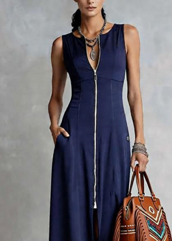 Loose Blue O-Neck Zippered Patchwork Solid Maxi Dress Sleeveless