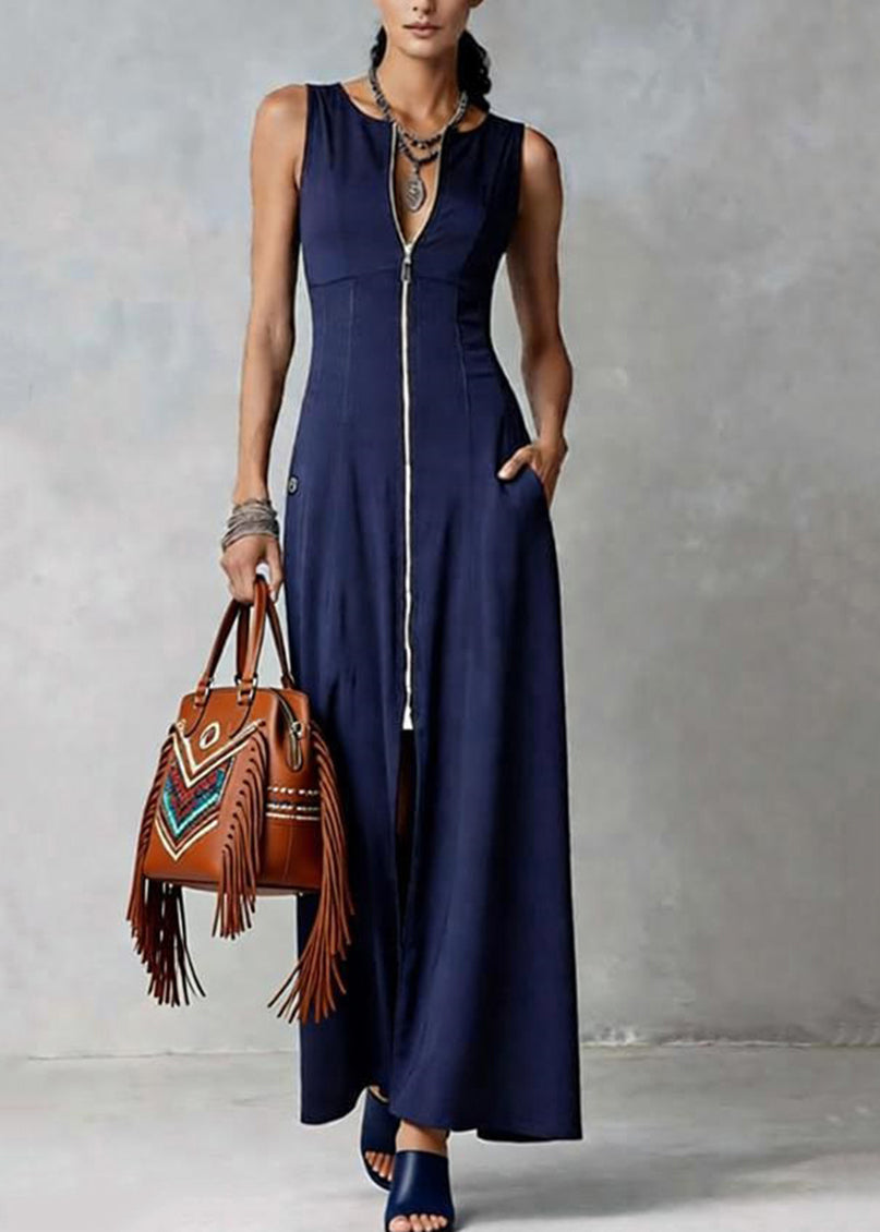 Loose Blue O-Neck Zippered Patchwork Solid Maxi Dress Sleeveless