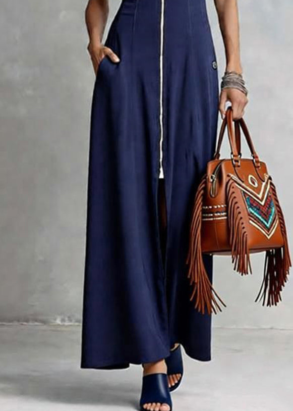 Loose Blue O-Neck Zippered Patchwork Solid Maxi Dress Sleeveless