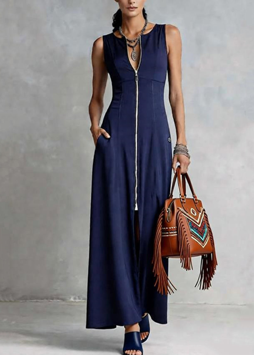 Loose Blue O-Neck Zippered Patchwork Solid Maxi Dress Sleeveless