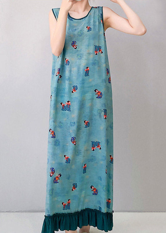 Loose Blue Patchwork Ruffled Maxi Dresses Sleeveless