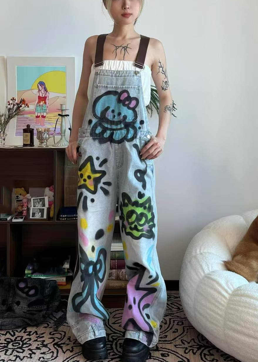 Loose Blue Patchwork Tie Dye Little Cats Pockets Denim Jumpsuit Summer