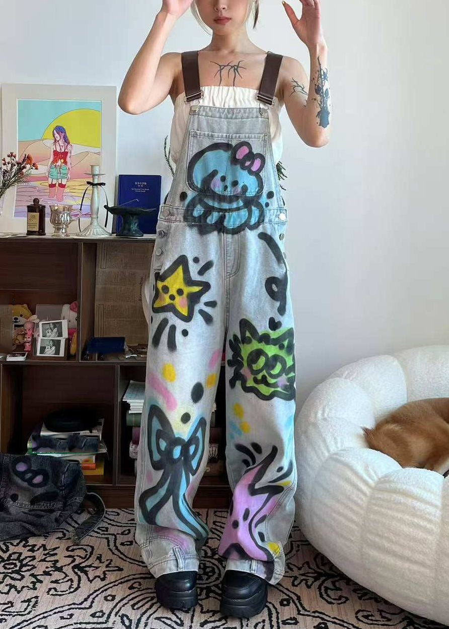 Loose Blue Patchwork Tie Dye Little Cats Pockets Denim Jumpsuit Summer