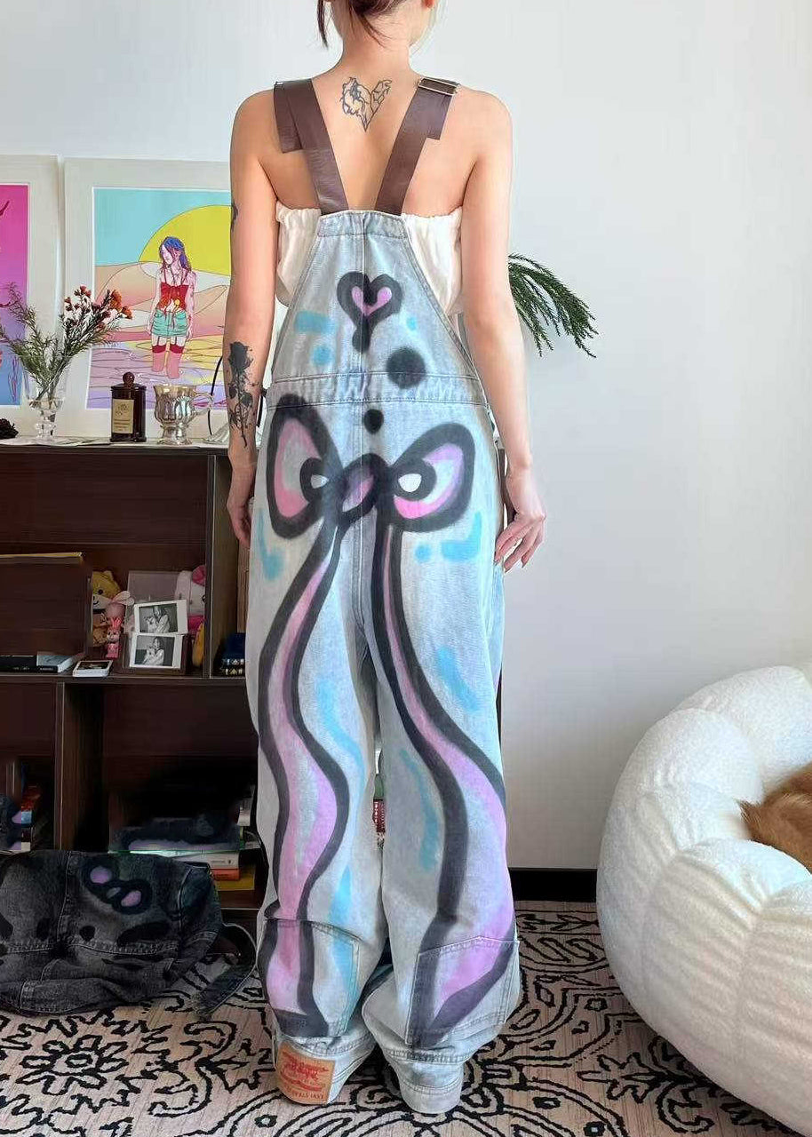 Loose Blue Patchwork Tie Dye Little Cats Pockets Denim Jumpsuit Summer