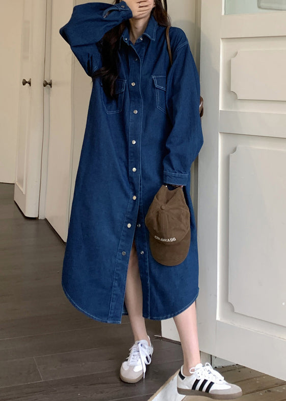 Loose Blue Peter Pan Collar Button Denim Shirts Dresses Fall