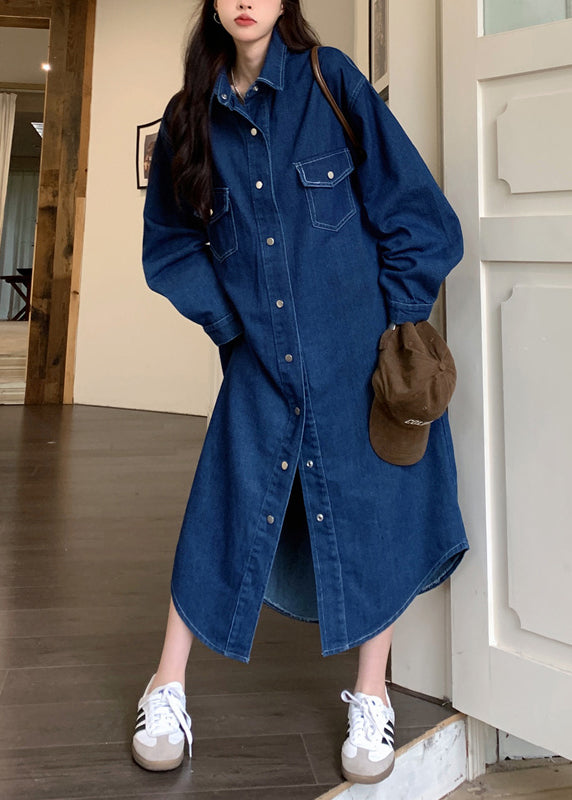 Loose Blue Peter Pan Collar Button Denim Shirts Dresses Fall