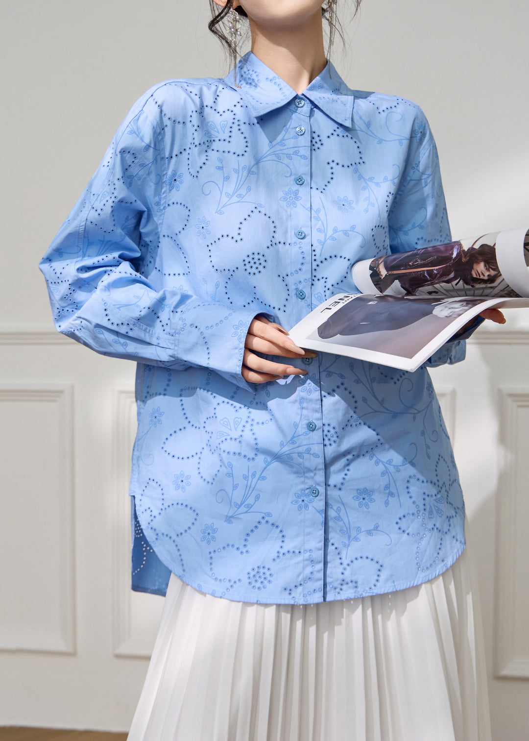 Loose Blue Peter Pan Collar Hollow Out Cotton Blouse Fall
