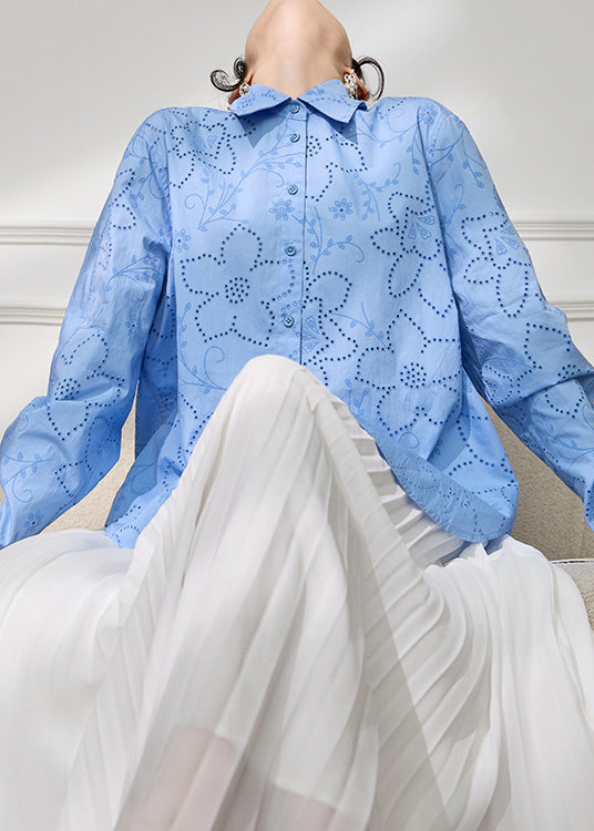 Loose Blue Peter Pan Collar Hollow Out Cotton Blouse Fall