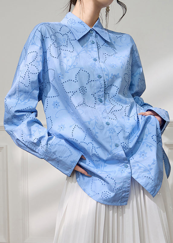 Loose Blue Peter Pan Collar Hollow Out Cotton Blouse Fall