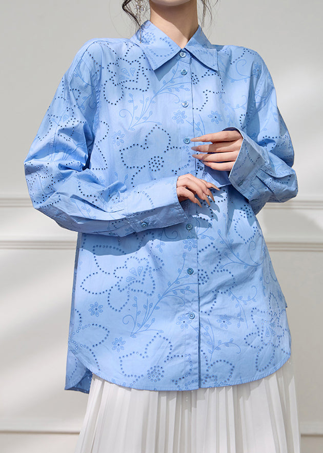 Loose Blue Peter Pan Collar Hollow Out Cotton Blouse Fall