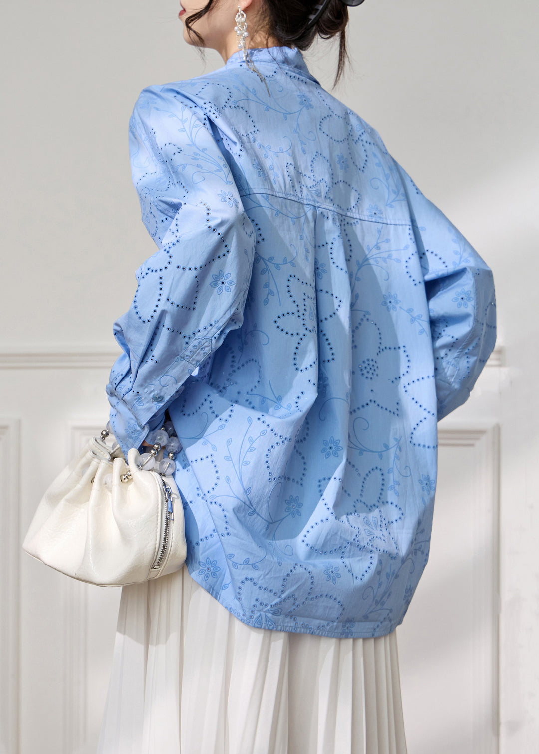 Loose Blue Peter Pan Collar Hollow Out Cotton Blouse Fall