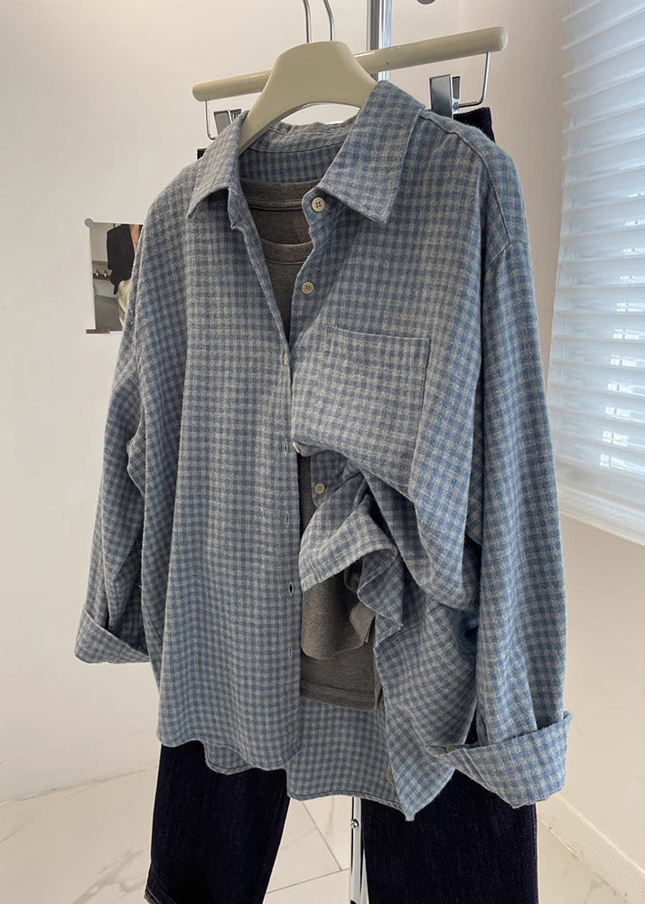 Loose Blue Peter Pan Collar Plaid Pockets Cotton Shirt Fall