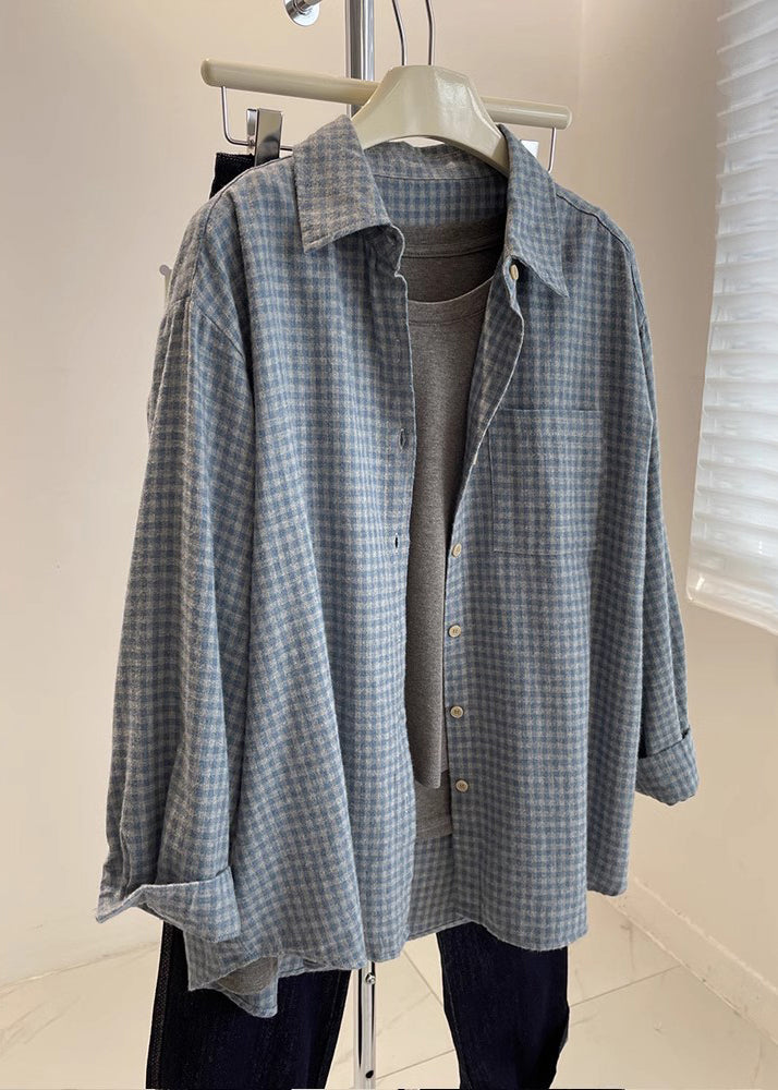 Loose Blue Peter Pan Collar Plaid Pockets Cotton Shirt Fall