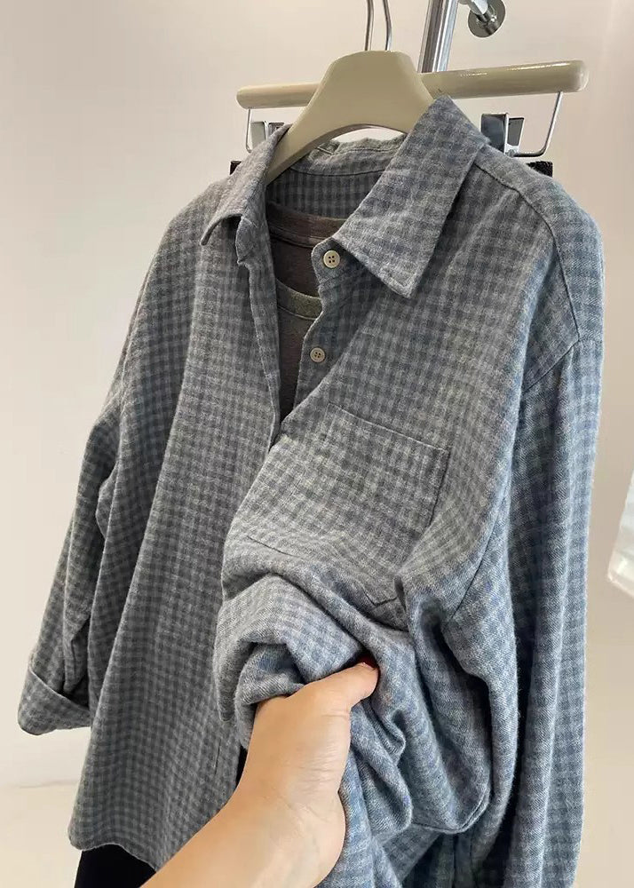 Loose Blue Peter Pan Collar Plaid Pockets Cotton Shirt Fall