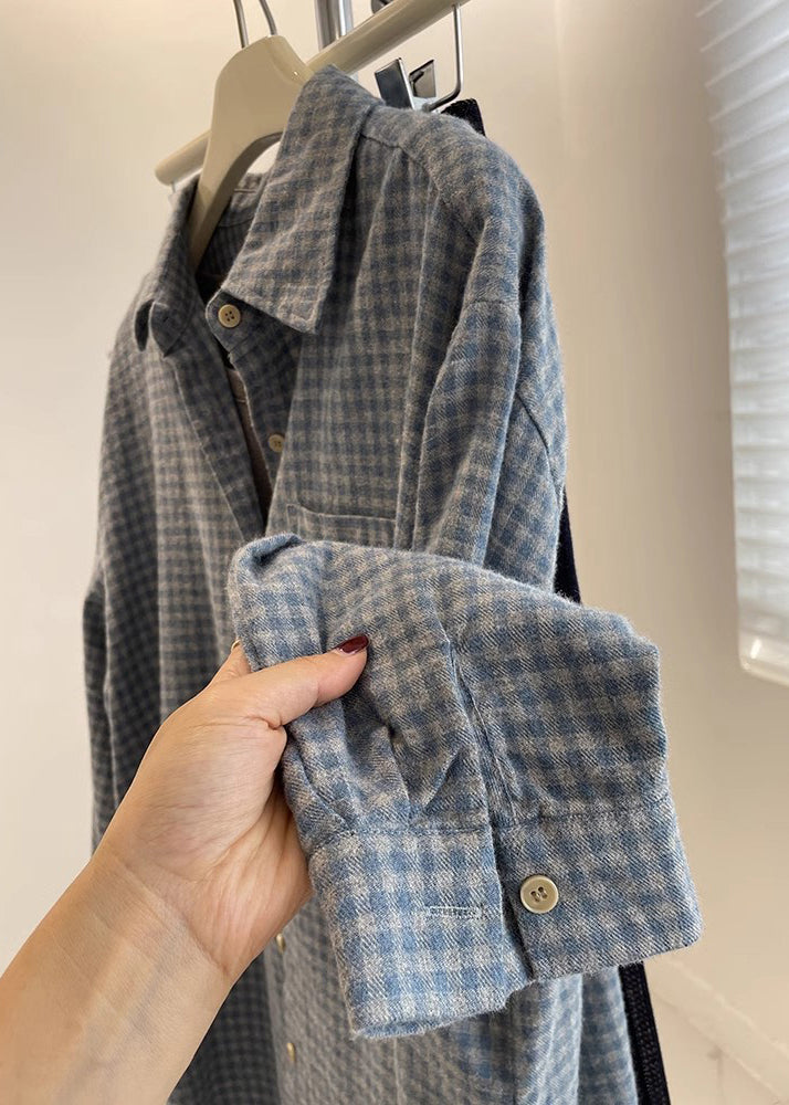Loose Blue Peter Pan Collar Plaid Pockets Cotton Shirt Fall