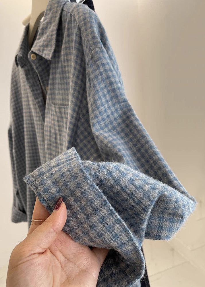 Loose Blue Peter Pan Collar Plaid Pockets Cotton Shirt Fall