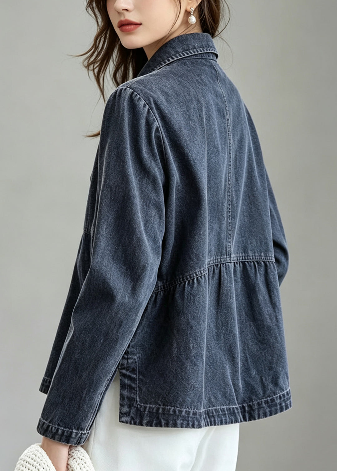 Loose Blue Peter Pan Collar Pockets Denim Jacket Fall