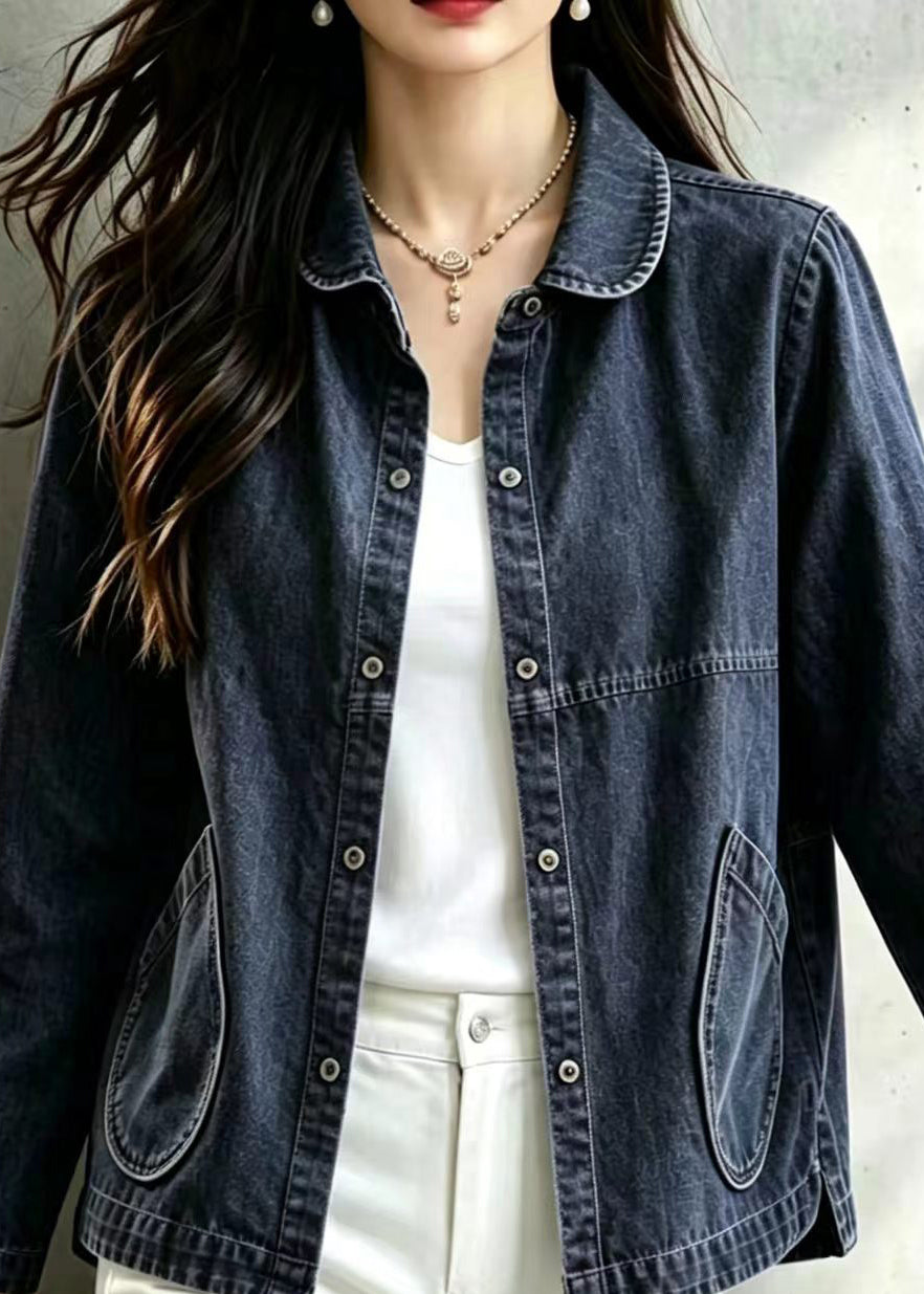 Loose Blue Peter Pan Collar Pockets Denim Jacket Fall