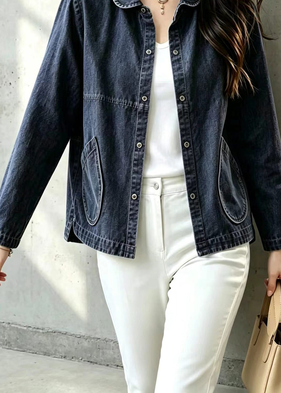 Loose Blue Peter Pan Collar Pockets Denim Jacket Fall
