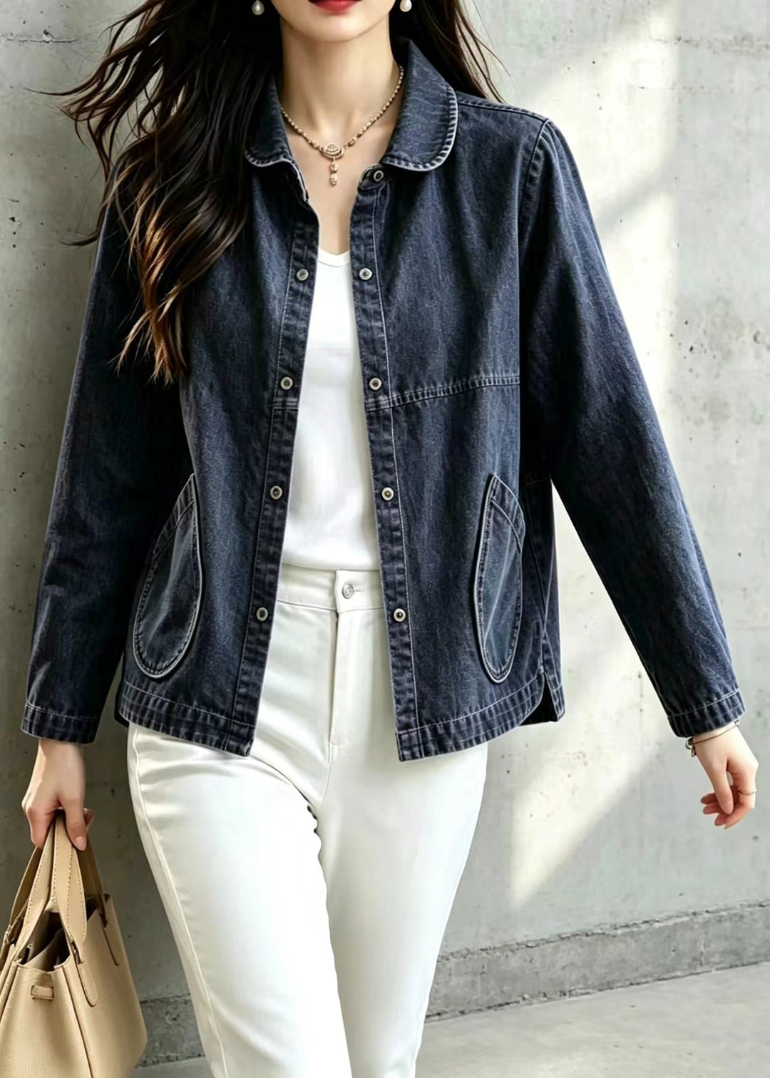 Loose Blue Peter Pan Collar Pockets Denim Jacket Fall
