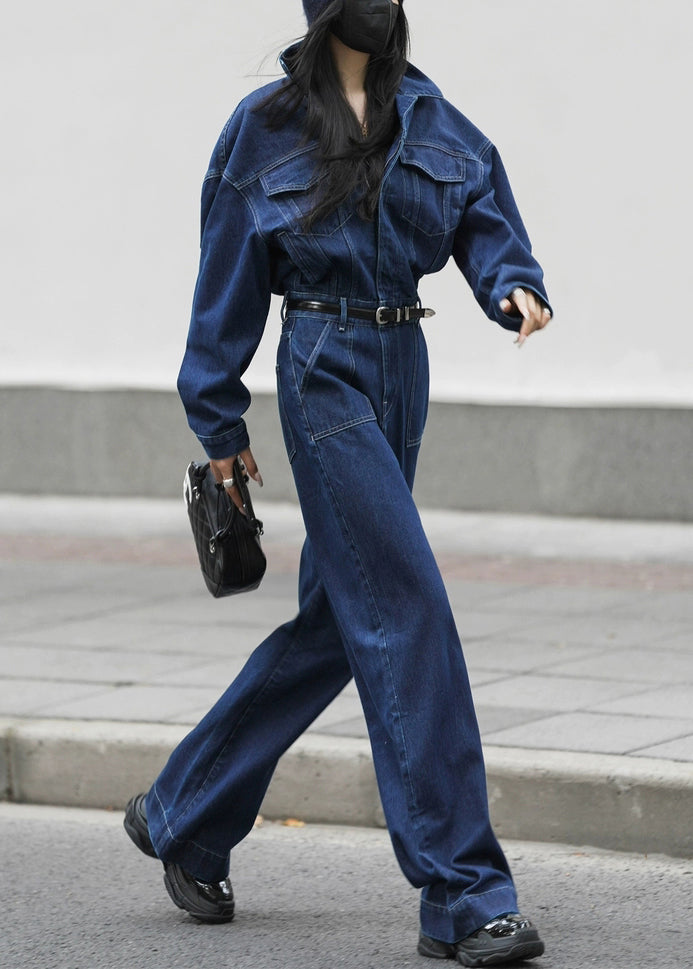 Loose Blue Peter Pan Collar Pockets High Waist Denim Jumpsuits Fall