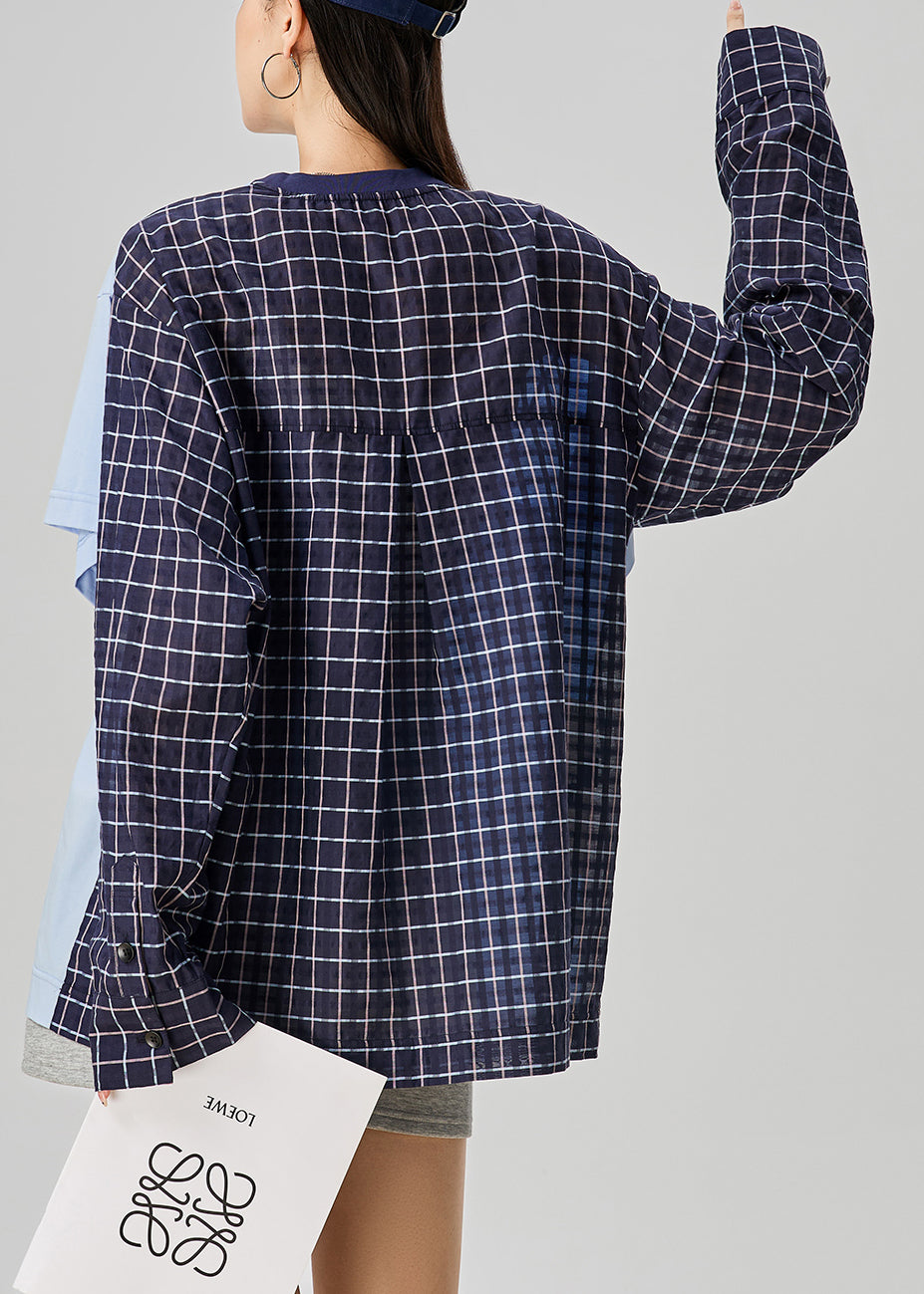 Loose Blue Plaid False Two Pieces Patchwork Cotton Shirt Fall