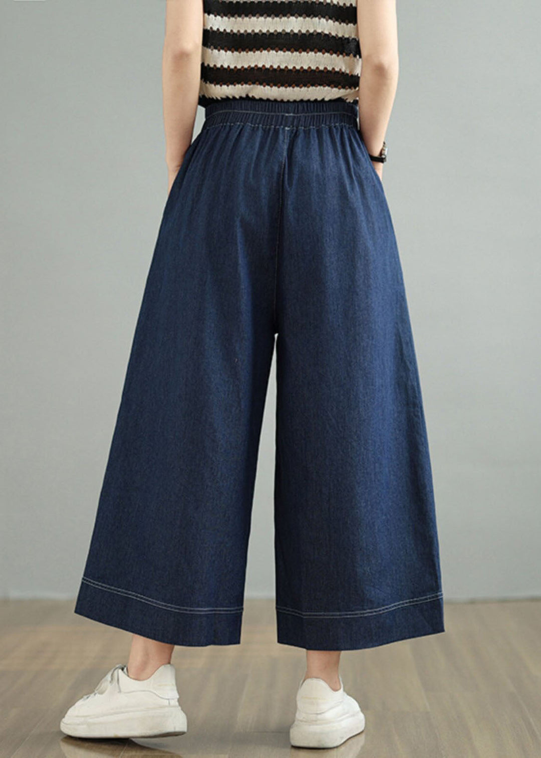 Loose Blue Pockets Elastic Waist Denim Crop Pants Spring