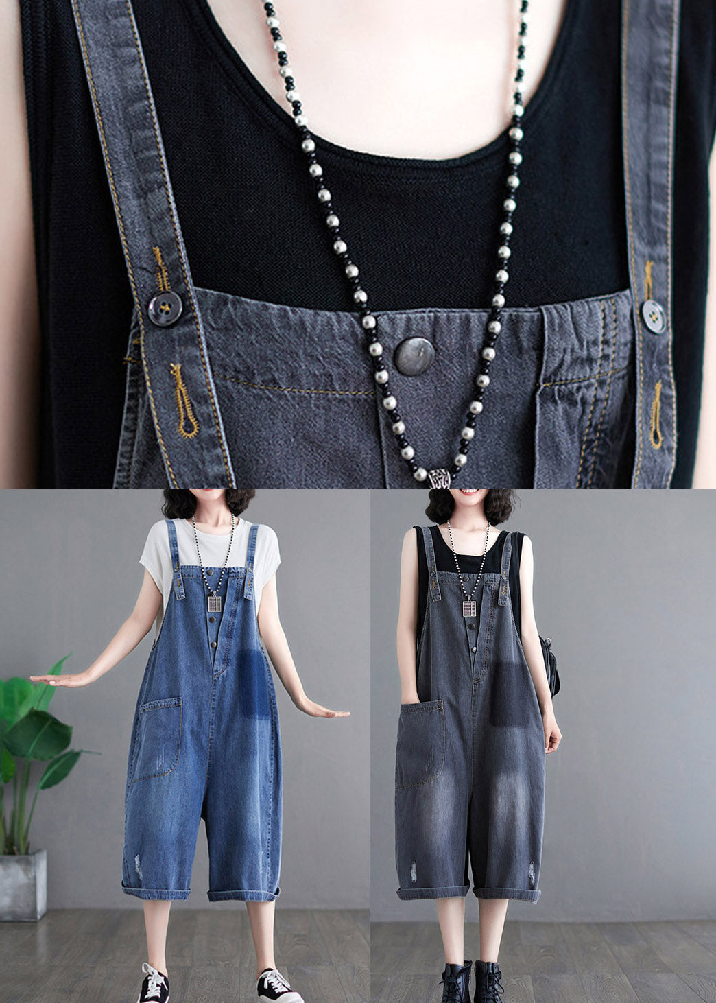 Loose Blue Pockets Patchwork Denim Jumpsuits Summer