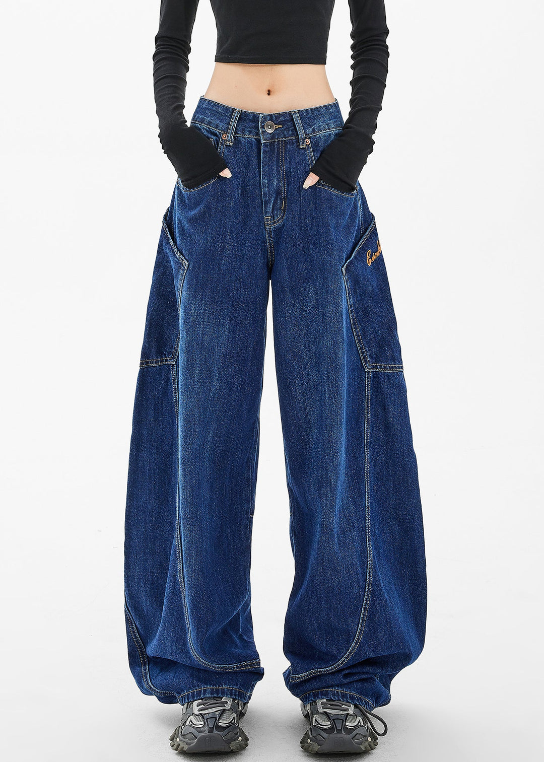 Loose Blue Pockets Patchwork High Waist Wide Leg Jeans Fall