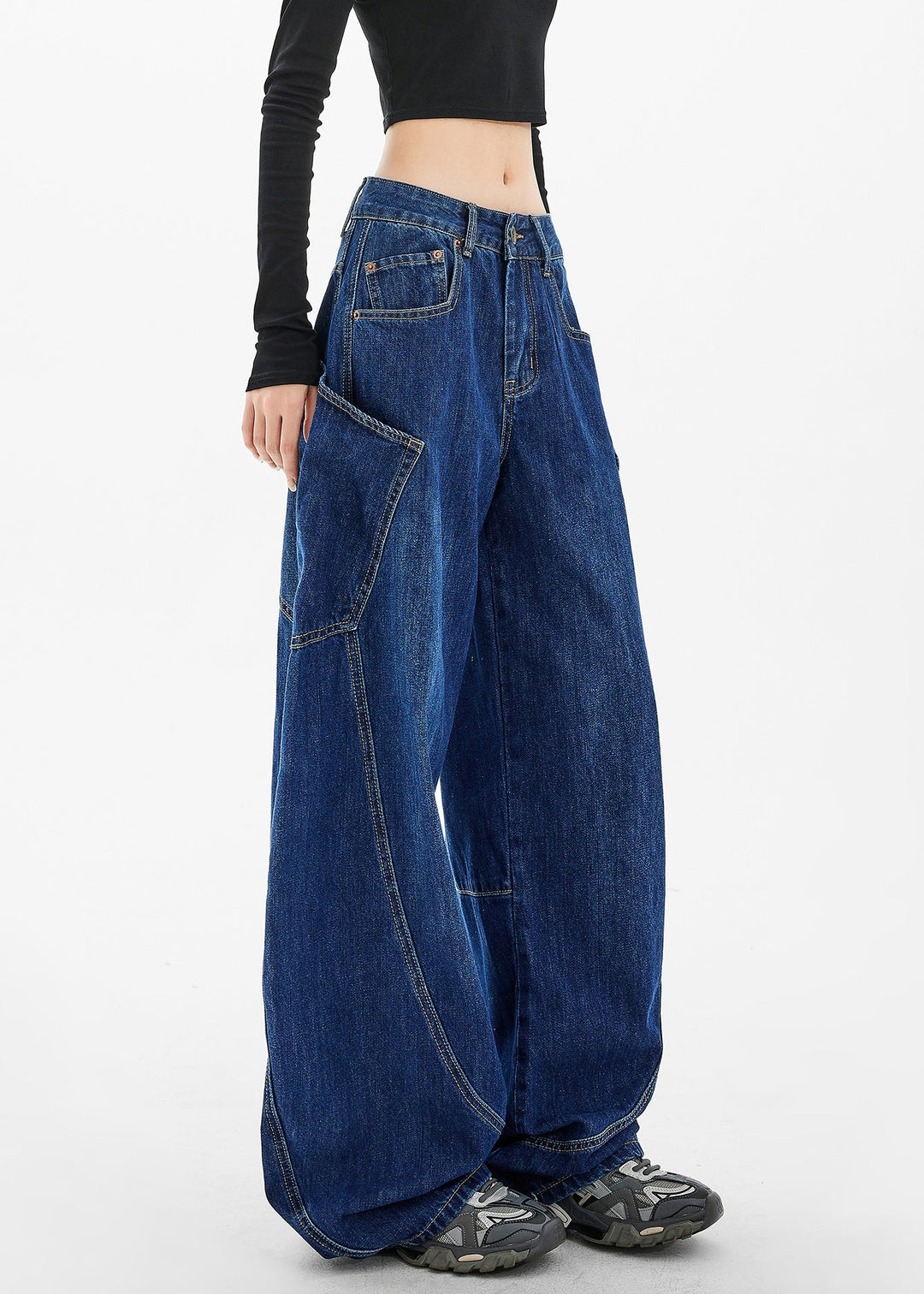Loose Blue Pockets Patchwork High Waist Wide Leg Jeans Fall