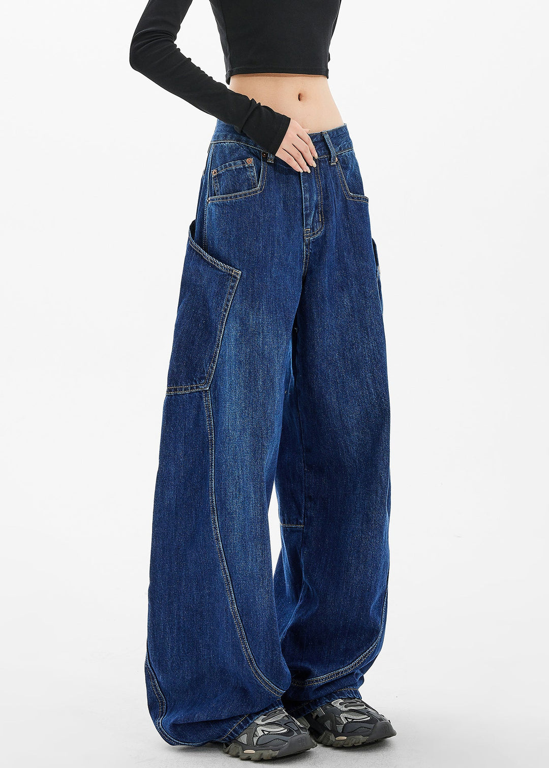 Loose Blue Pockets Patchwork High Waist Wide Leg Jeans Fall