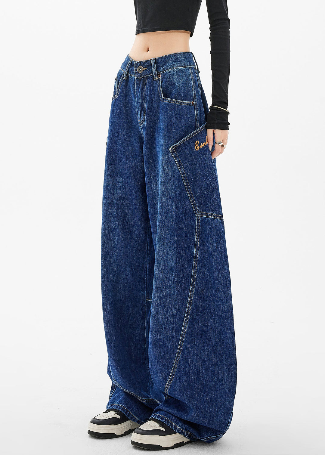 Loose Blue Pockets Patchwork High Waist Wide Leg Jeans Fall