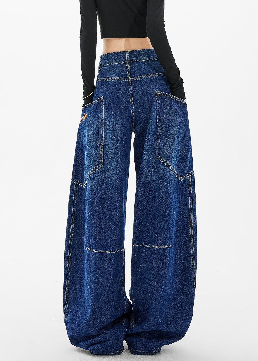Loose Blue Pockets Patchwork High Waist Wide Leg Jeans Fall