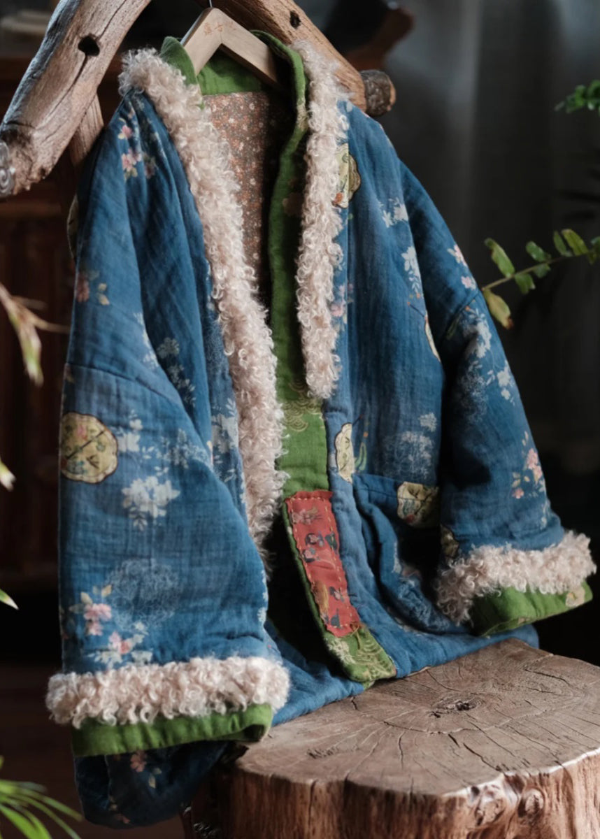 Loose Blue Pockets Print Faux Fur Patchwork Fine Cotton Filled Jacket Winter