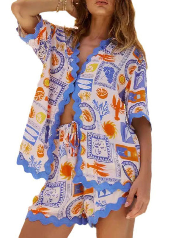 Loose Blue Print Blouses And Shorts Cotton Two Pieces Set Summer
