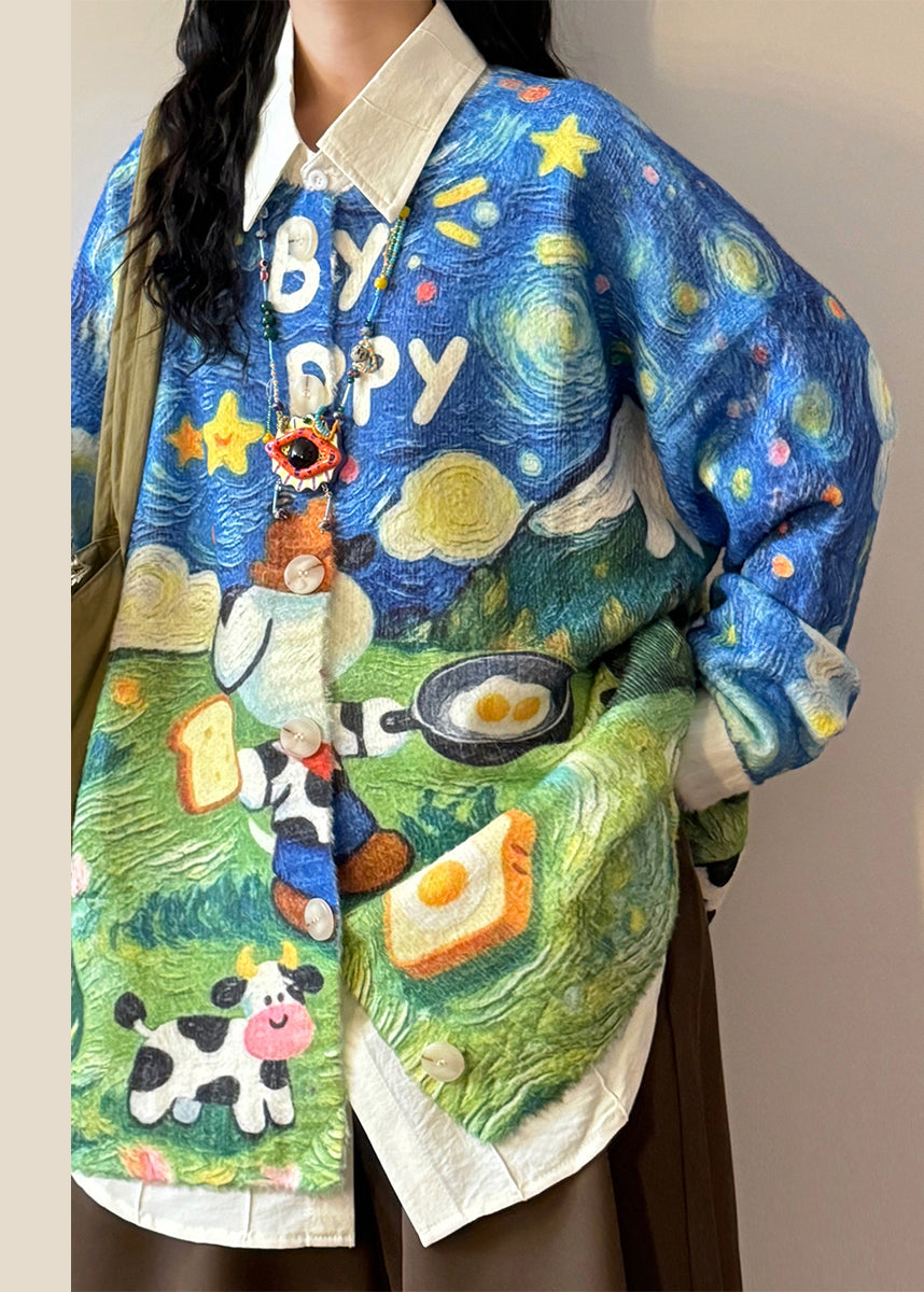 Loose Blue Print Button Cozy Knit Coats Spring