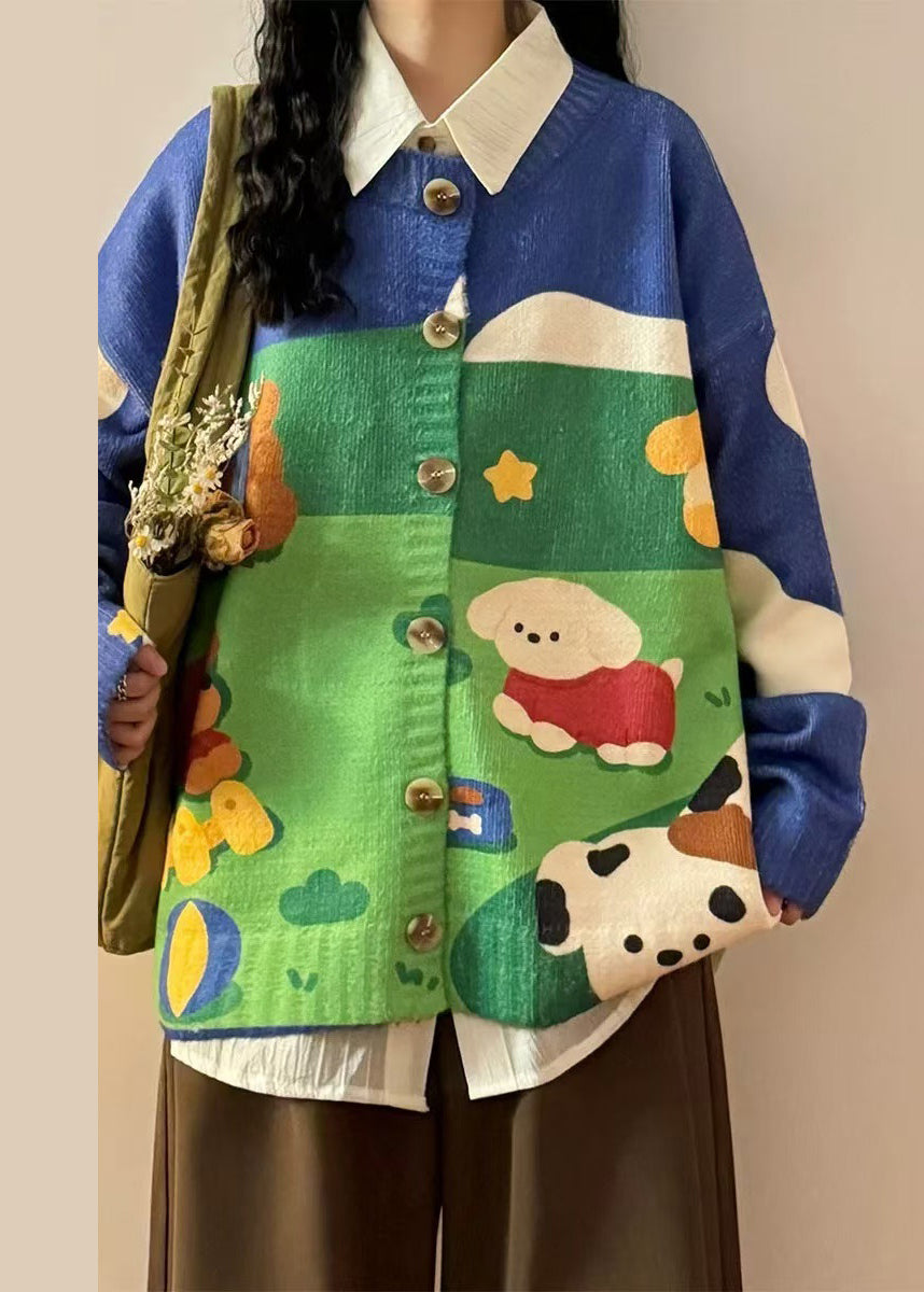 Loose Blue Print Button Cozy Patchwork Knit Sweater