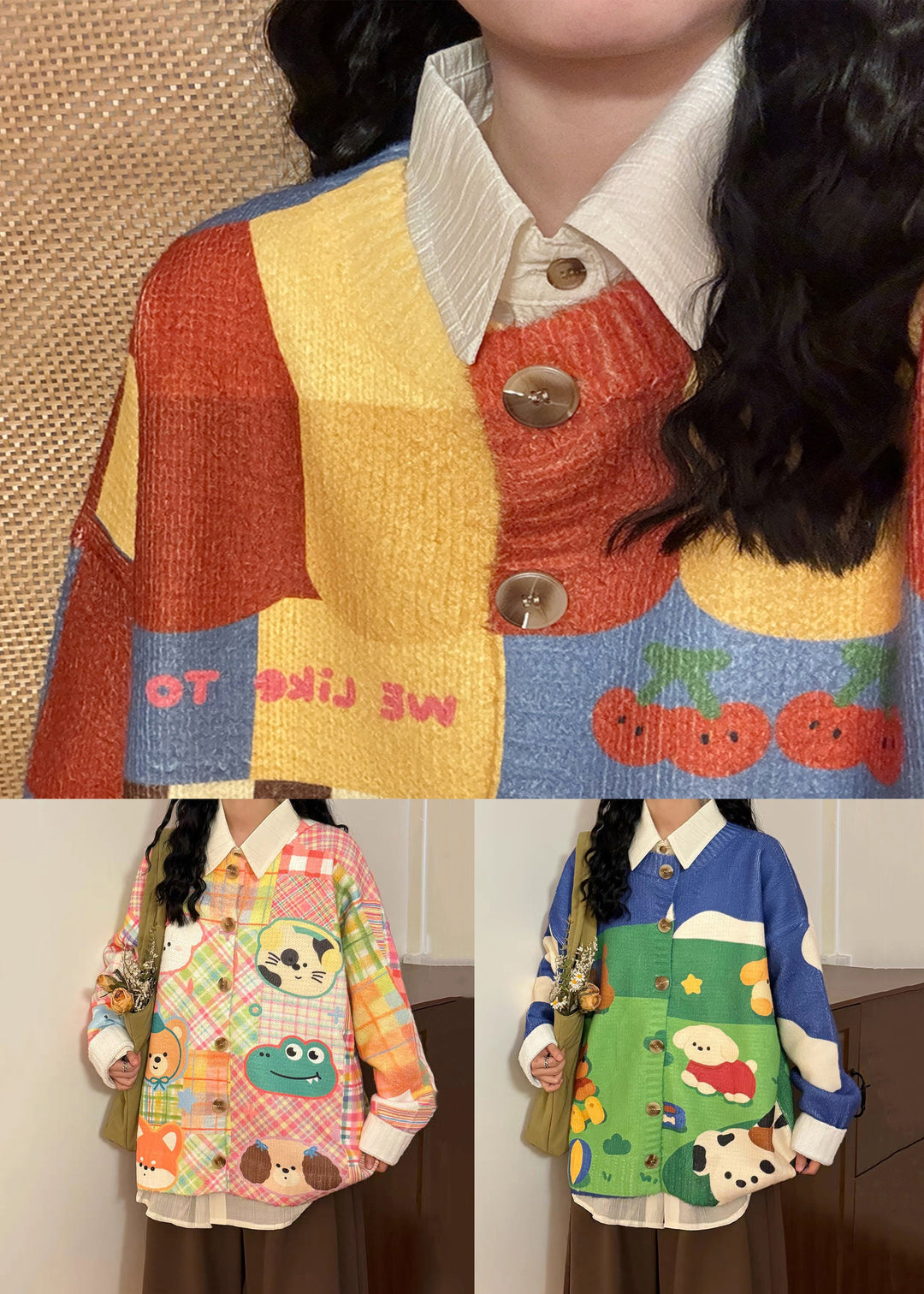 Loose Blue Print Button Cozy Patchwork Knit Sweater