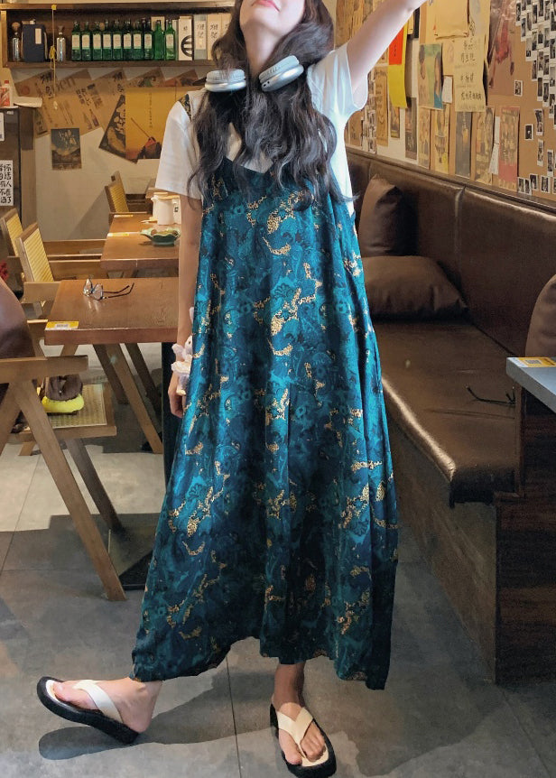 Loose Blue Print High Waist Cotton Jumpsuits Pants Summer