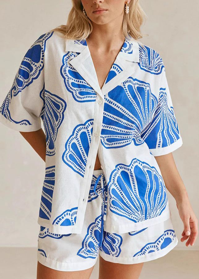 Loose Blue Print Tops And Shorts Two-Piece Set Summer