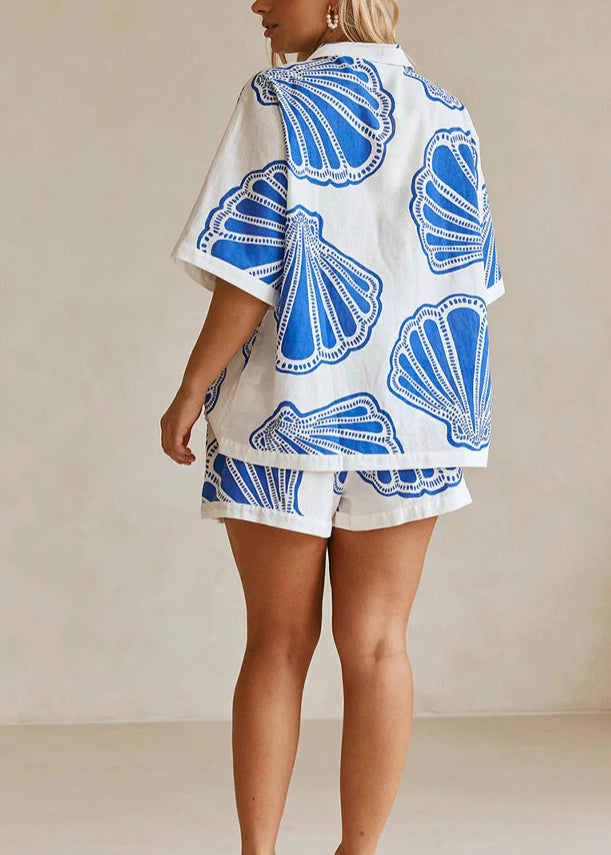 Loose Blue Print Tops And Shorts Two-Piece Set Summer