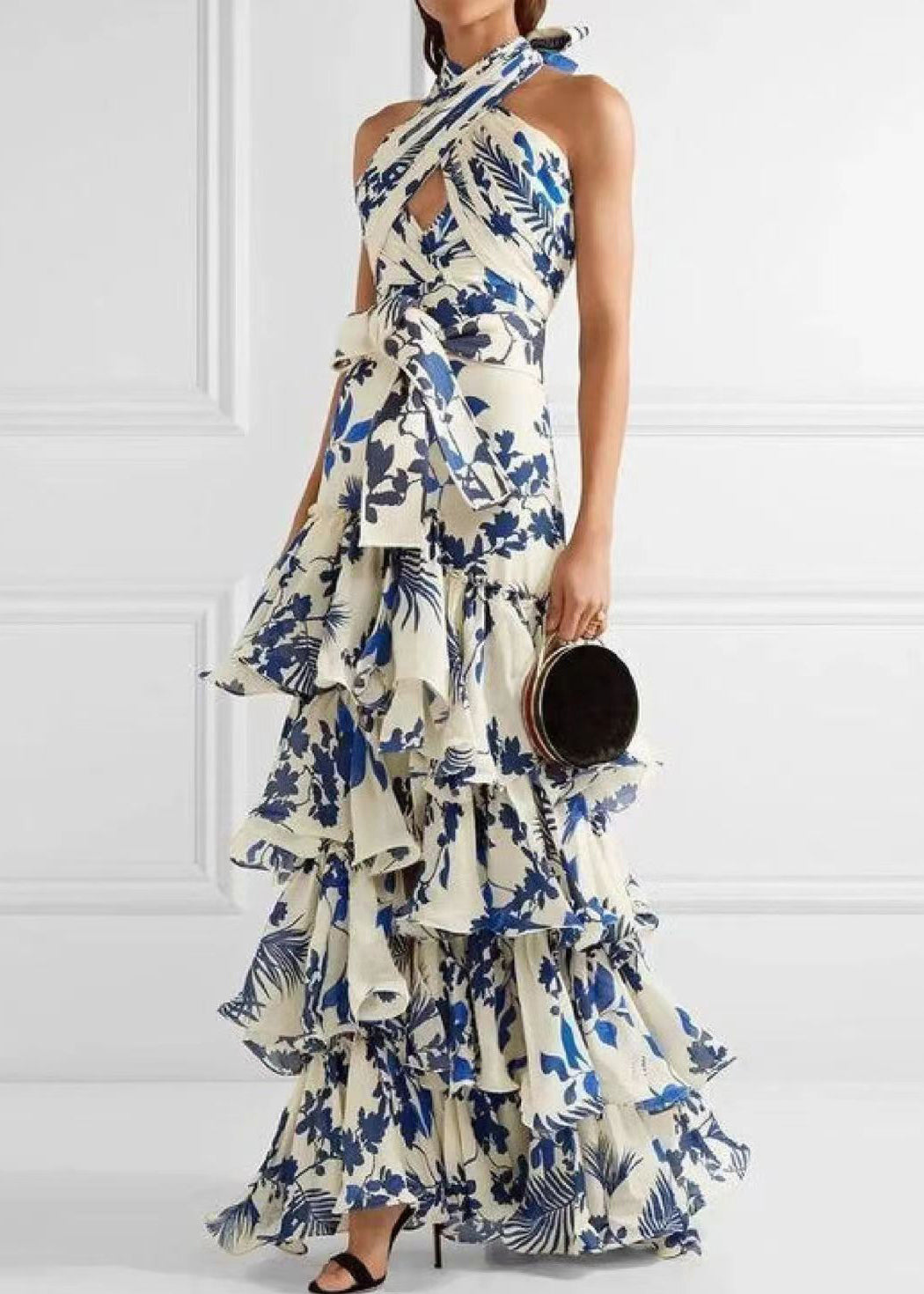 Loose Blue Ruffled Print Lace Up Cotton Maxi Dress Sleeveless