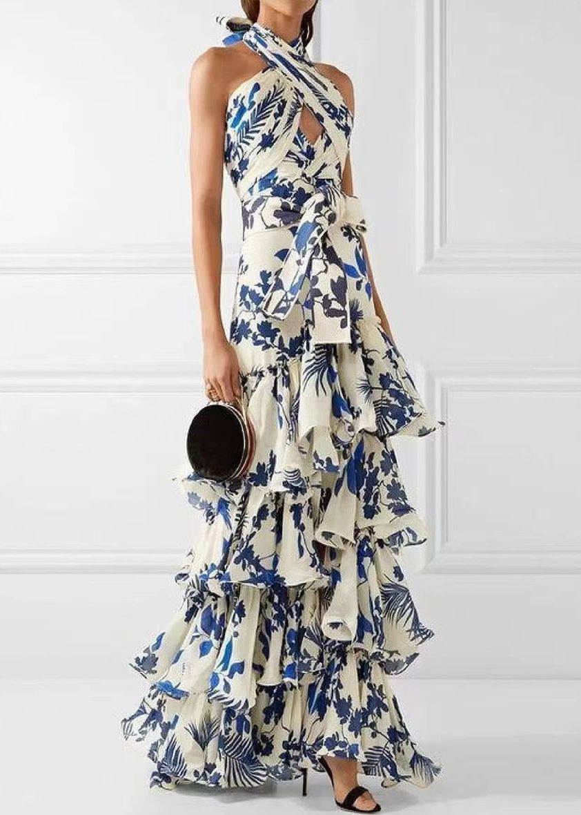 Loose Blue Ruffled Print Lace Up Cotton Maxi Dress Sleeveless