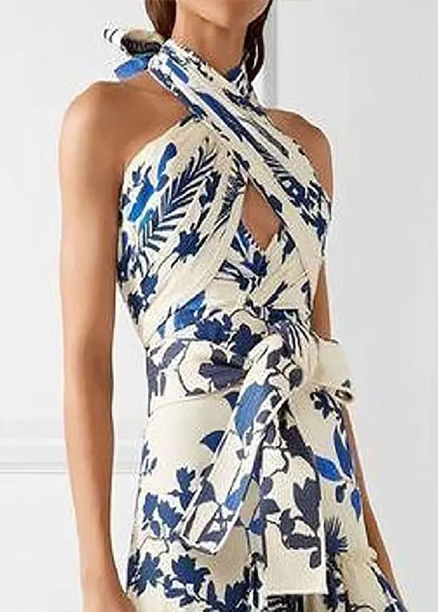 Loose Blue Ruffled Print Lace Up Cotton Maxi Dress Sleeveless