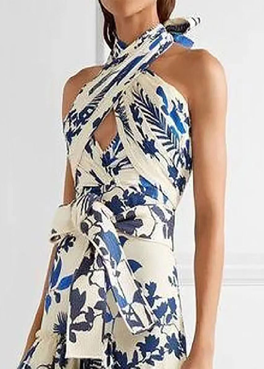 Loose Blue Ruffled Print Lace Up Cotton Maxi Dress Sleeveless